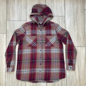BKE Hooded Flannel Shirt Womens Medium Plaid Button Up Lightweight Shacket